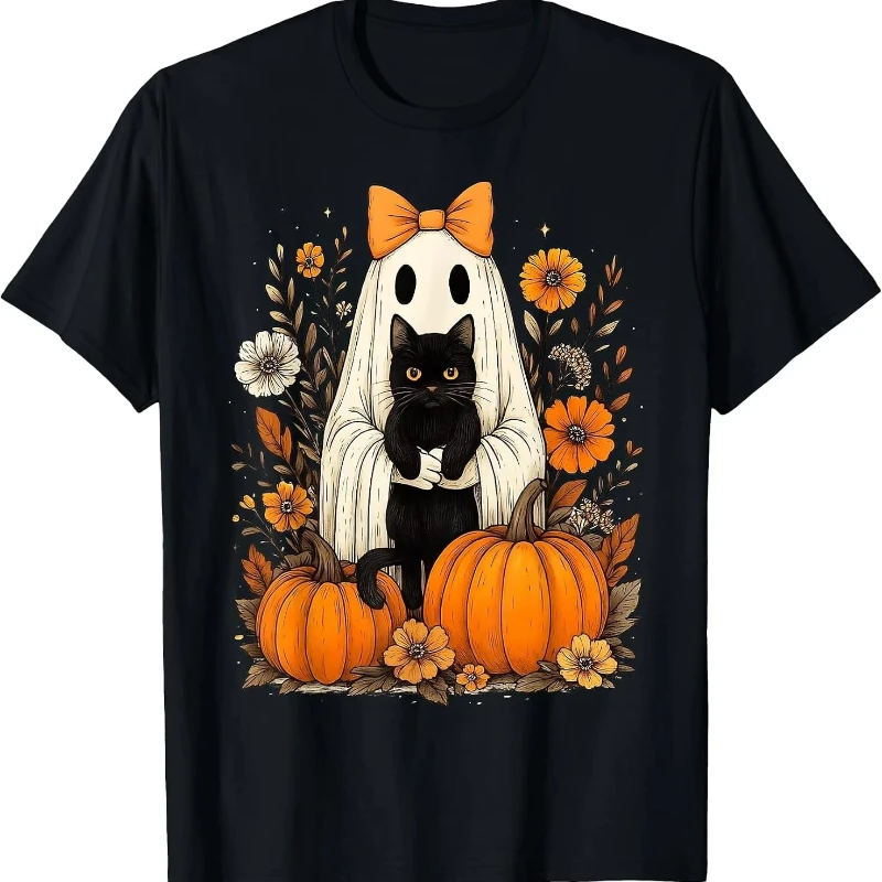 Vintage Halloween Ghost Black Cat Groovy Floral T-shirt Spooky Graphic Crew Neck Cotton Unisex Tee UPS/FEDEX Air, 3-5Day Deliver