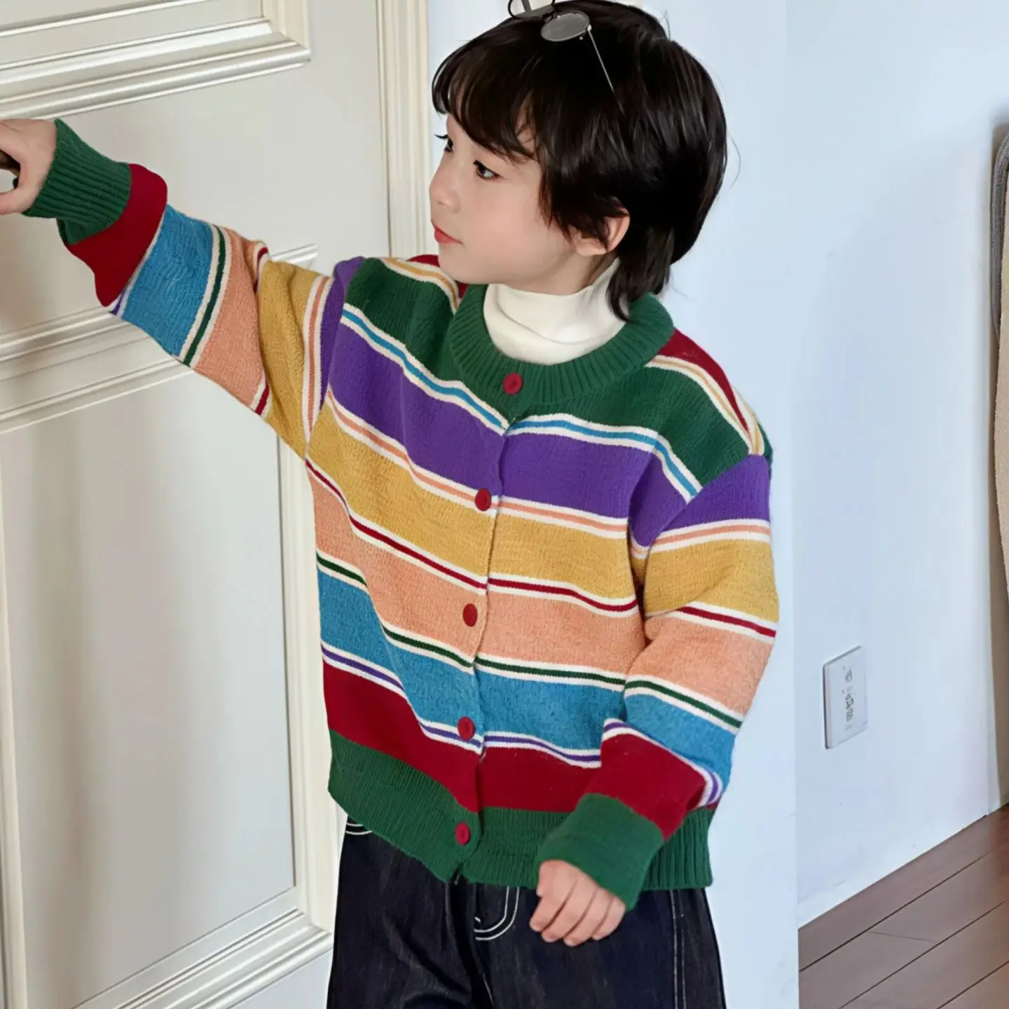 2026 Spring Autumn Boys Forest Style Knitted Cardigan, Colorful Stripes Handsome Kids Knit Jacket, Versatile Children Outerwear