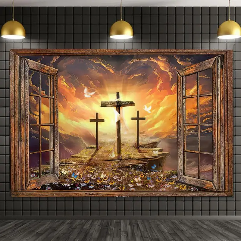 Jesus Christ Cross Sunrise Tapestry Sunset Sepulcher Lord Pray Easter Crucifixion Religious Belief Wall Hangings Decor Large