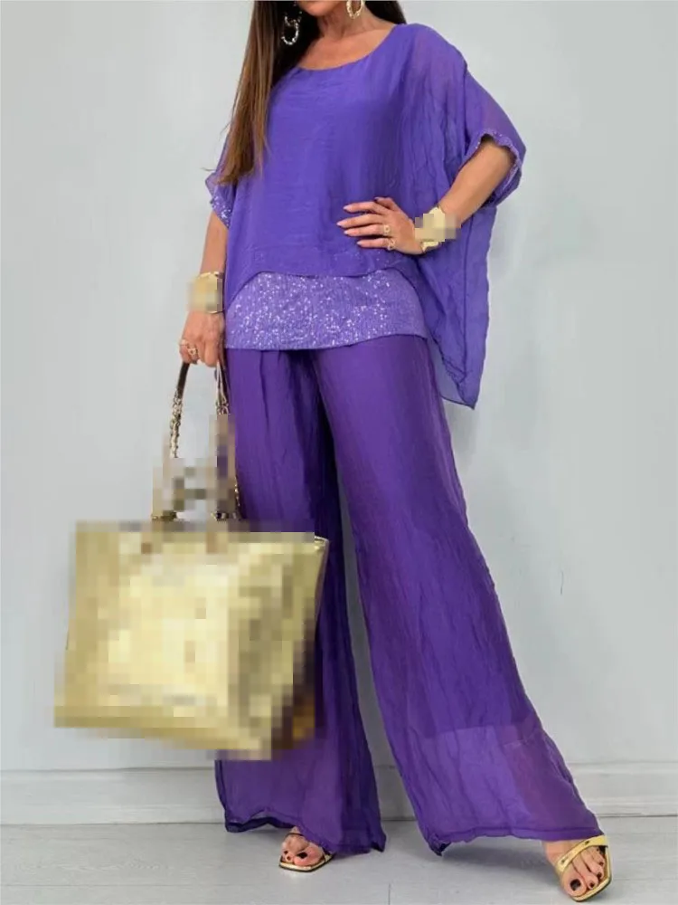 

Women's 2024 New Autumn Chiffon Round Neck Five Quarter Sleeve Short Sleeved Fashion Bead Patchwork Pants Casual Suit For Women
