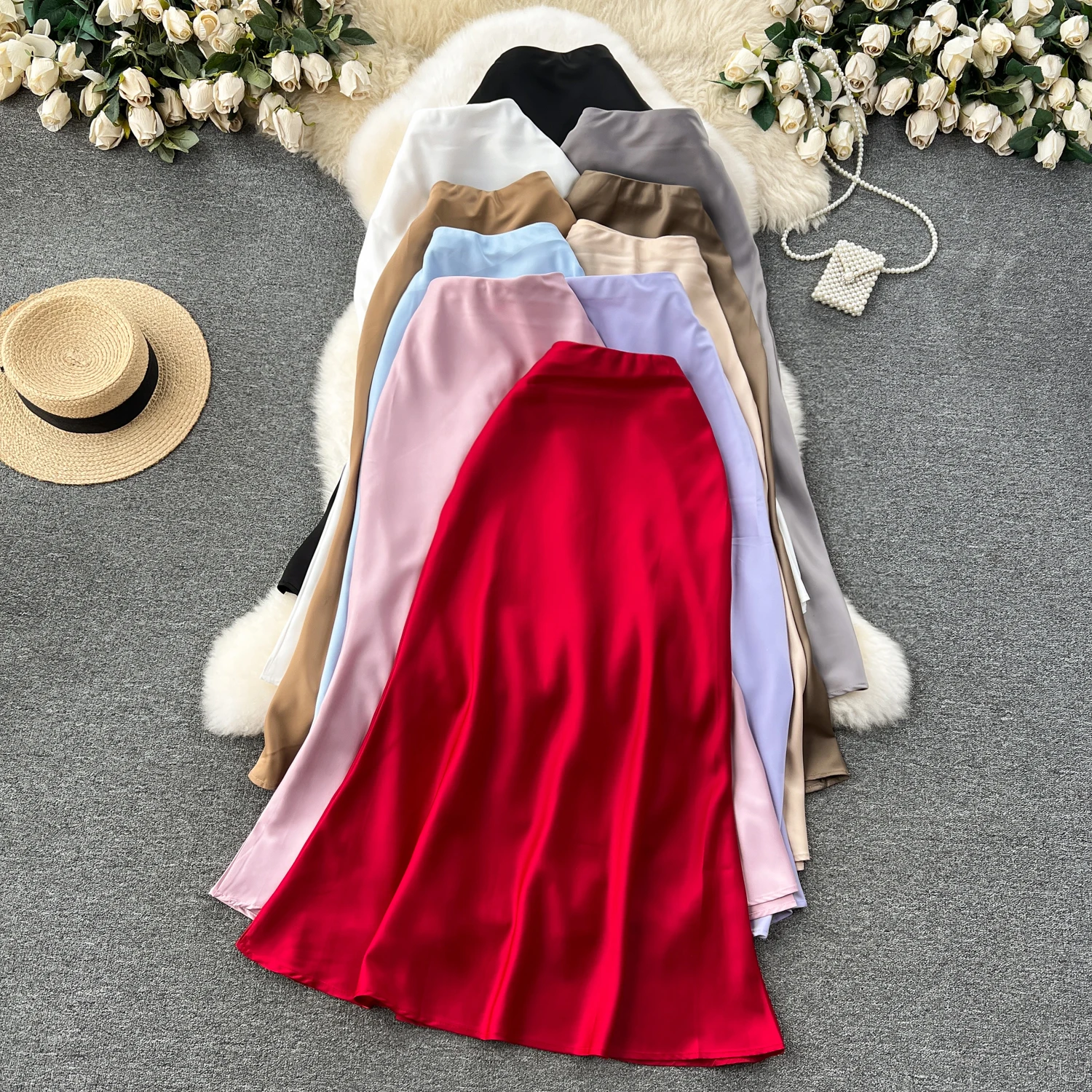 High End Satin Effect Solid Color Half Skirt for Women's Summer New High Waisted Slimming Mid Length Versatile Fishtail Skirts