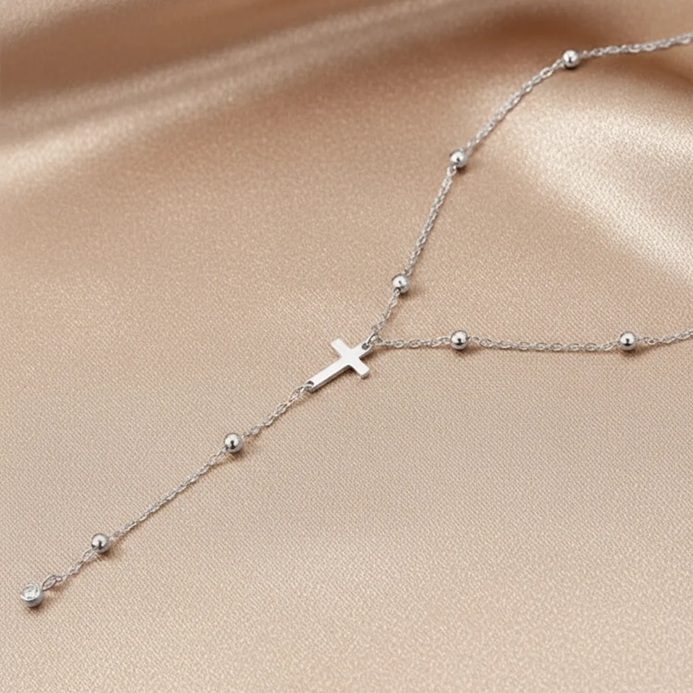 DOTIFI New Stainless Steel Cross Pendant Y-Shaped Necklace Fashionable Tassel With Zirconia Embedding Luxurious Collarbone Chain
