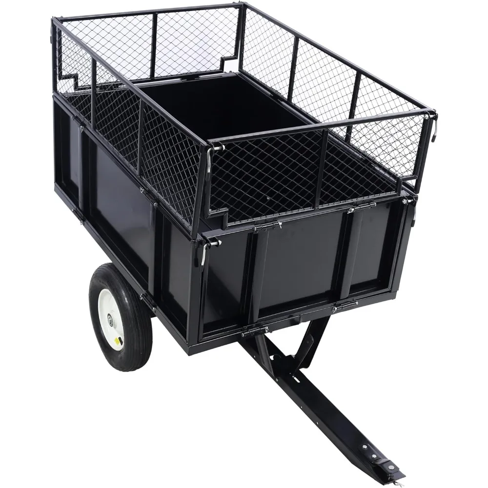 

heavy duty atv trailer steel dump cart, garden utility trailer yard trailers with tow behind carts and removable sides, 750lbs 2