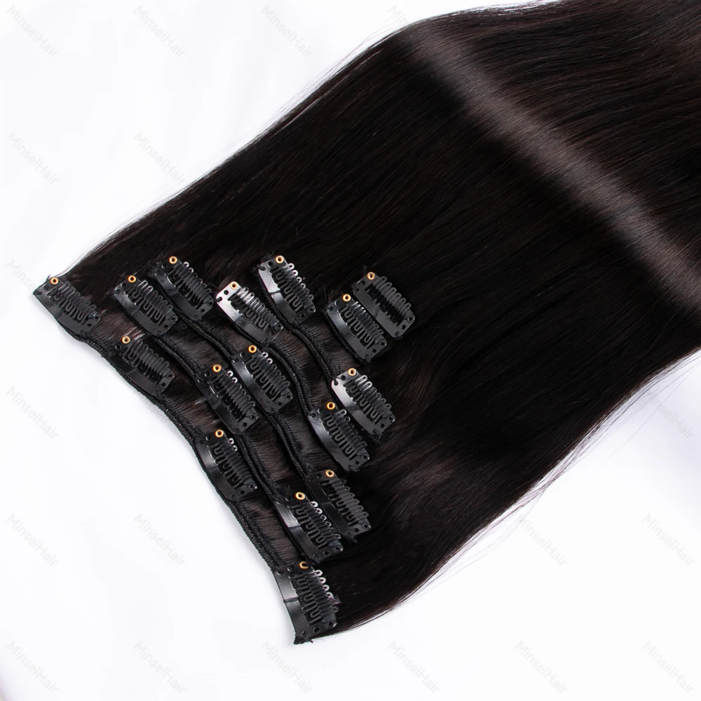 プレミアムレミークリップ式ヘアエクステ　人毛100%　シルクのような滑らかさ　12ヶ月以上の寿命　120g　12～22インチ　7ピースクリップ式ヘアエクステ　1B