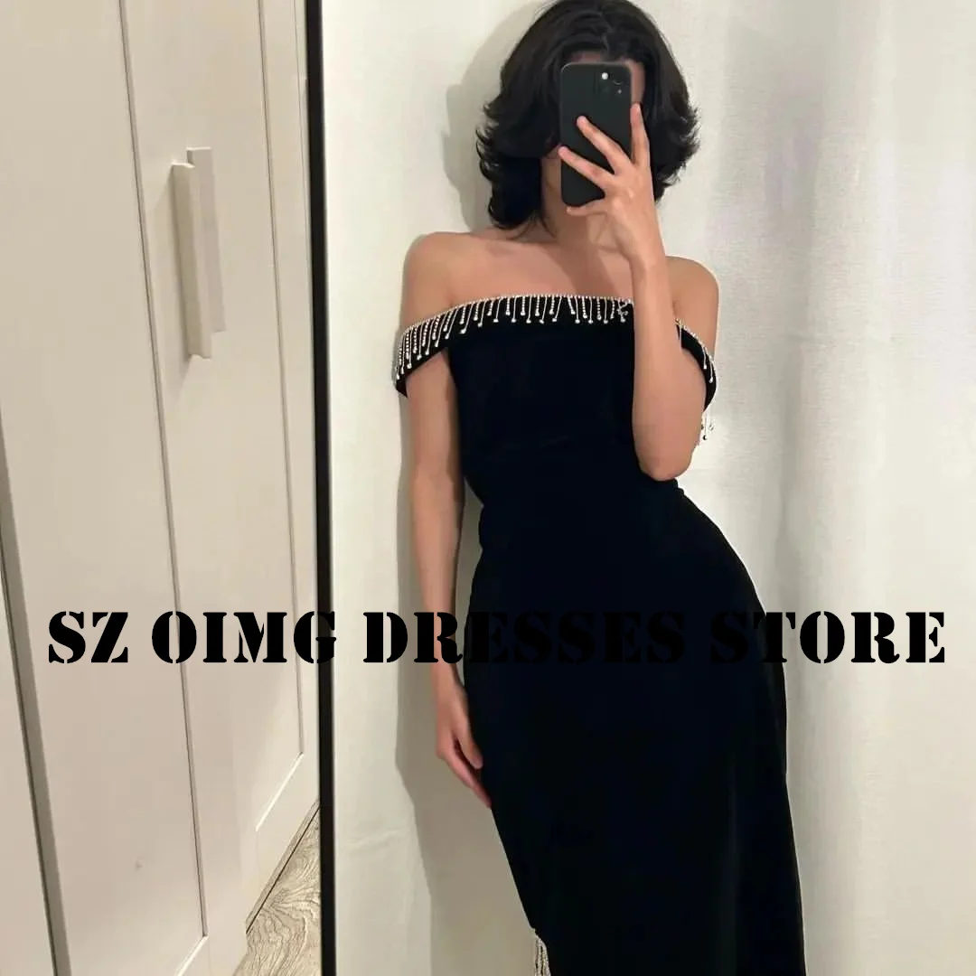 OIMG New Design Strapless Ruched Tassels Prom Dresses Arabic Women Short Sleeves Ankle Length Evening Gowns Formal Party Dress