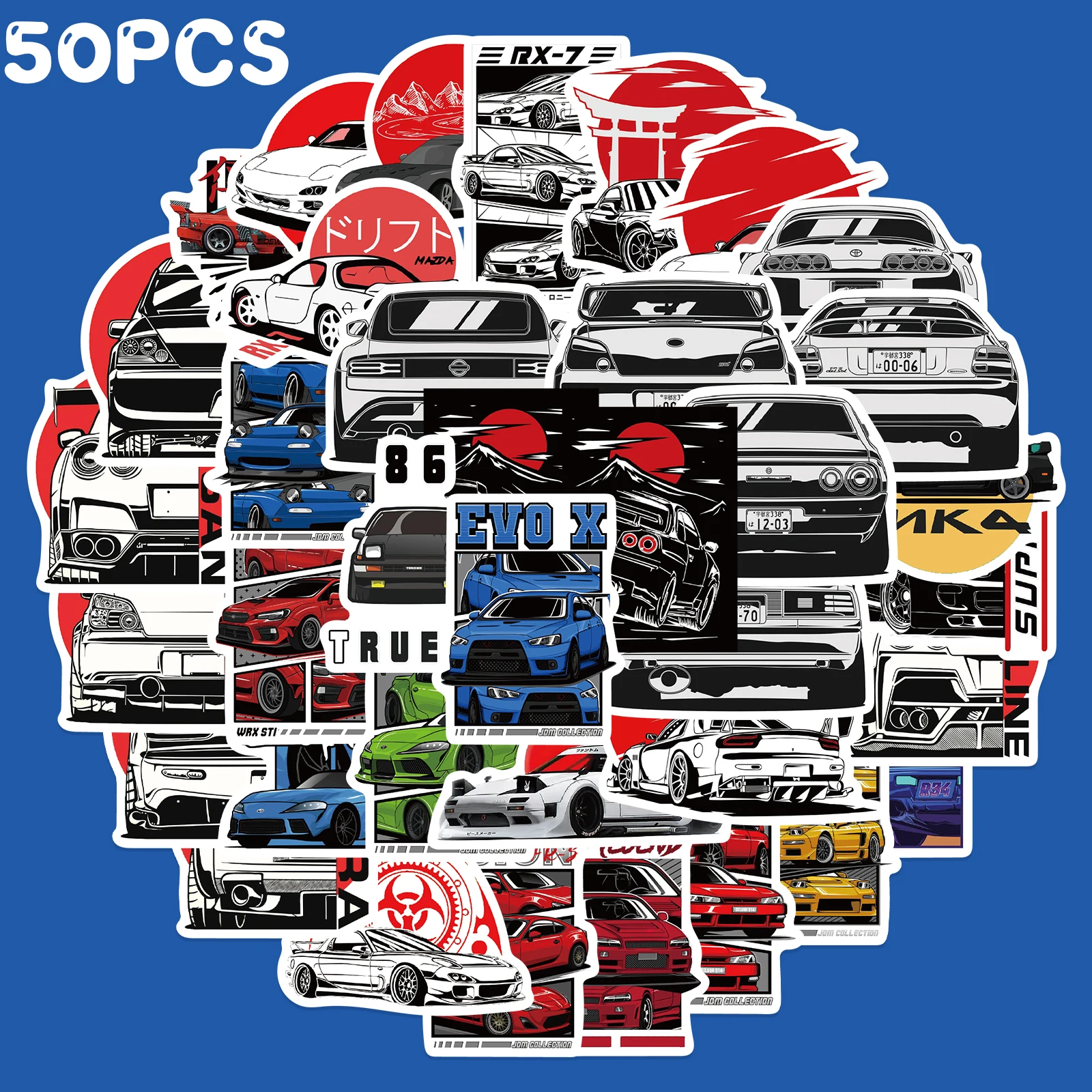 JDM-pegatinas de grafiti para coche de carreras, calcomanía impermeable para ordenador portátil, guitarra, equipaje, bicicleta y monopatín, 50 piezas