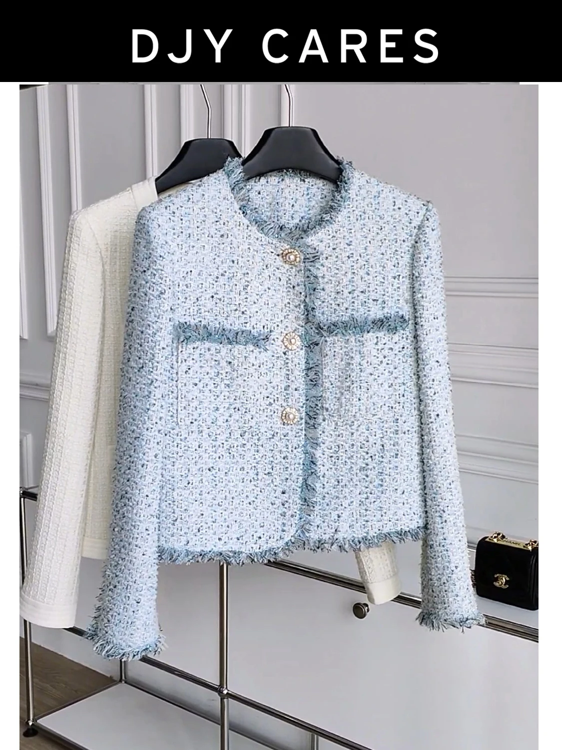 

New Bold tweed design tassel jacket woven fashionable blue top