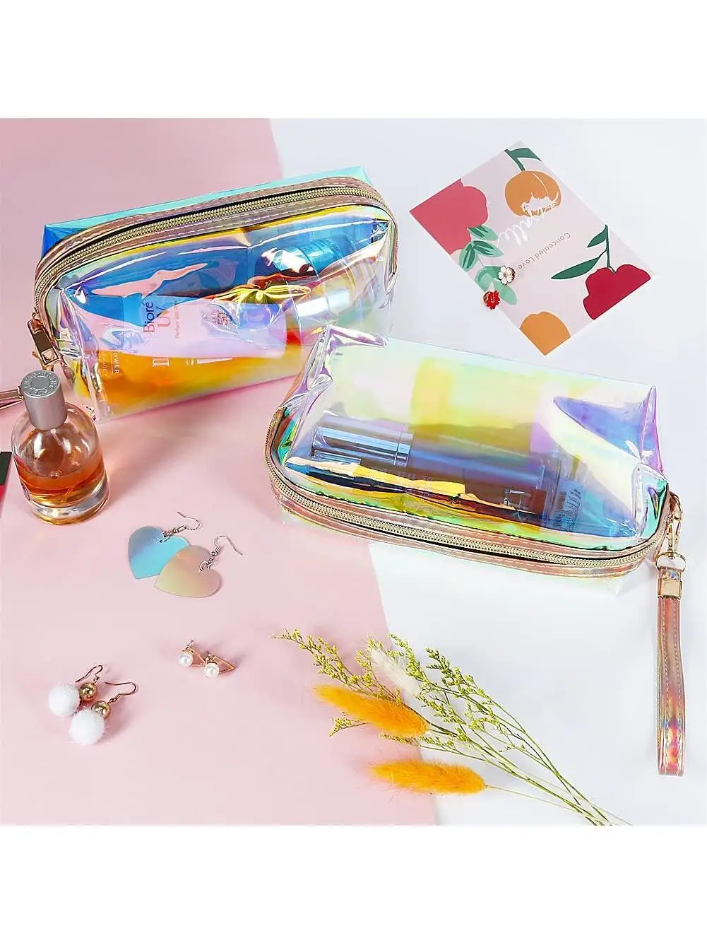 2pcsCosmetic Storage Bag Laser Glitter Waterproof Zip Pouch Ladies Travel Organization Toiletry  Portable Makeup Transparent Bag