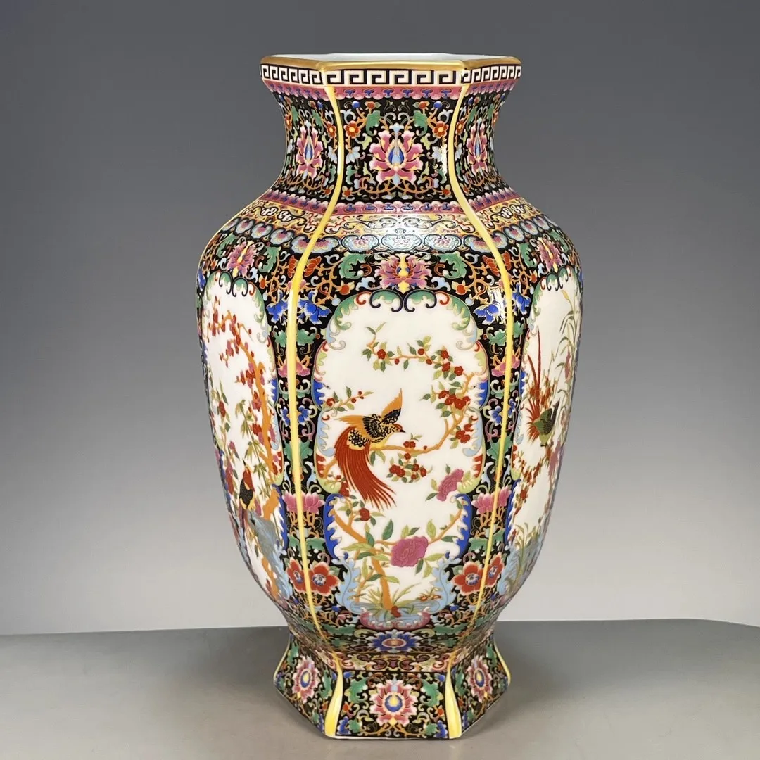 24cm/Antique Porcelain Antique Ceramic Ornament Enamel Color Six Sided Window Flower and Bird Viewing Bottle