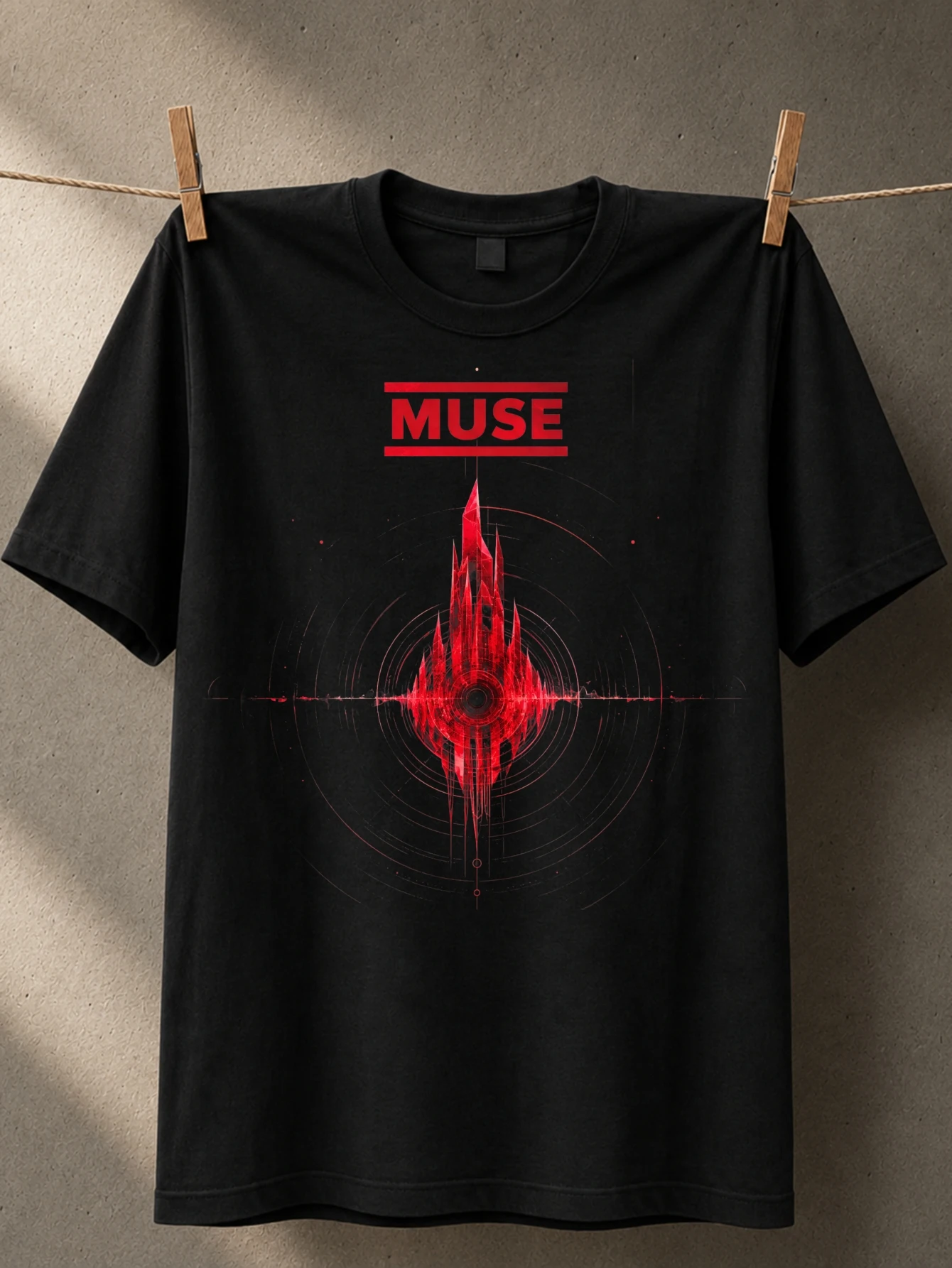 with red crystalline waveform tower circular target lines horizontal audio trace and minimalist  Unisex All T-Shirt