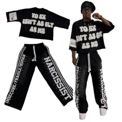 New Gothic Letter Patchwork Tracksuit Men Y2k Hip Hop Retro Sequin Striped Clothes Sweatpants T Shirt Two Piece Set Streetwear