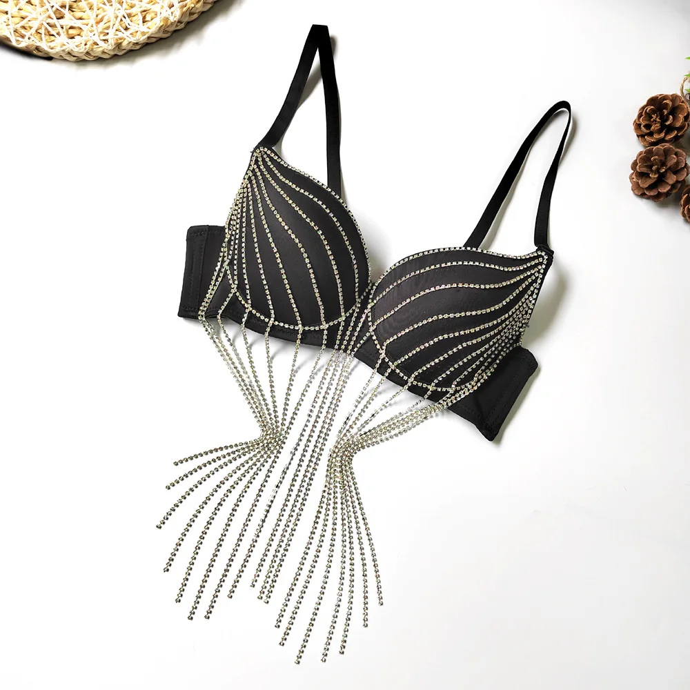 Personalizado feminino adulto strass borla suspender bela volta sem alças boate estilo de palco puro desejo sexy sutiã traje