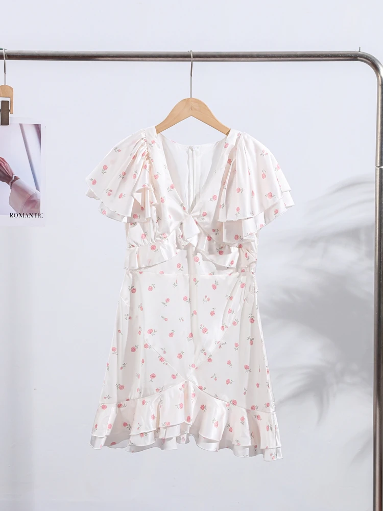Floral impressão mini vestido feminino elegante em camadas babados decote em v manga curta uma linha vestidos 2025 verão chique senhora alta streetwears