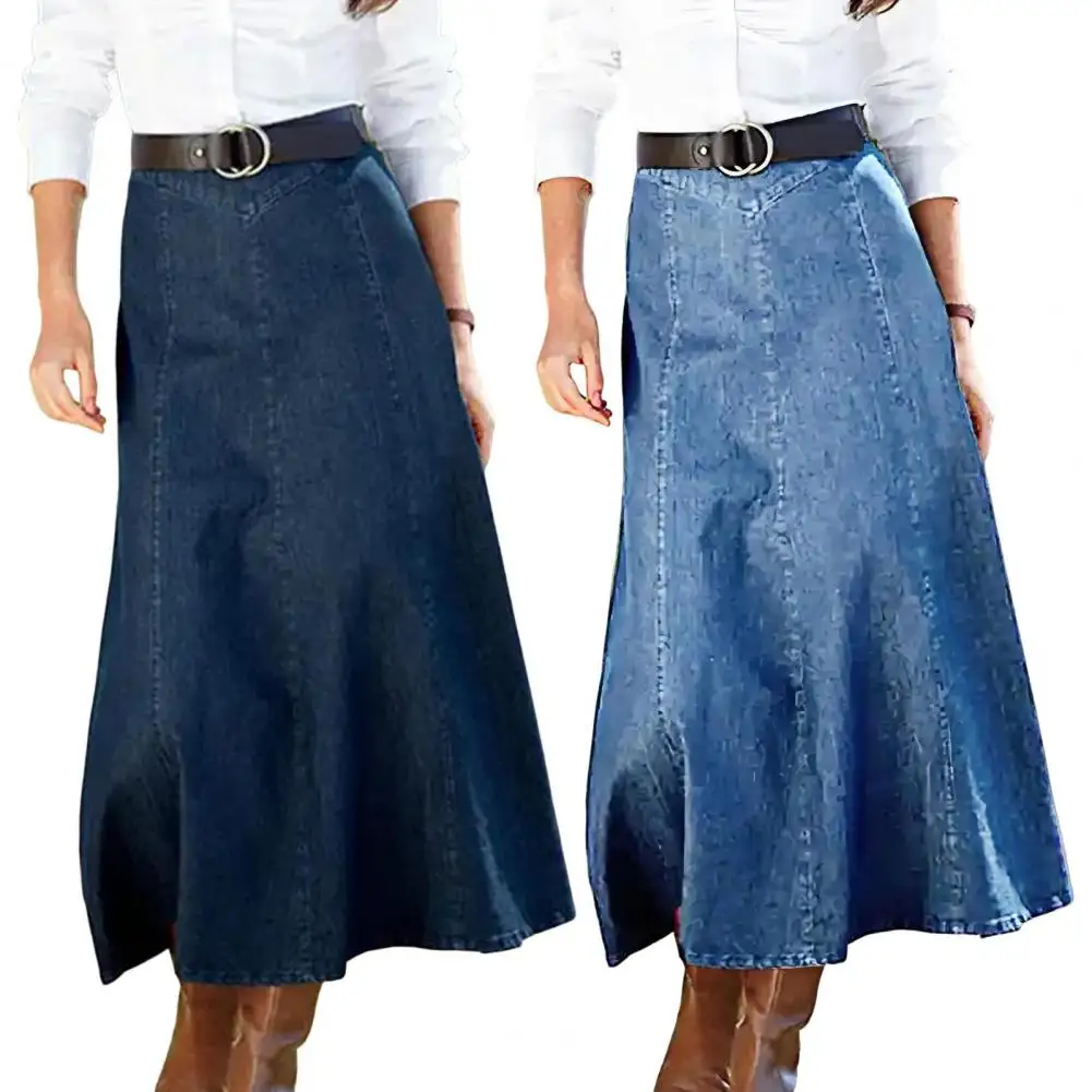 High Waist Denim Skirt Stylish Denim Midi Skirt with High Waist Design for Office Lady Hem Solid Color Wear Fashionable Women's