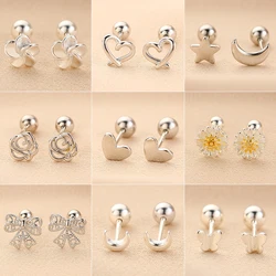 Multitudinous Mini Tragus Stud Earrings for Women Girls Silver Color Daisy Flower Hollow Bow Simple Versatile Jewelry Gift