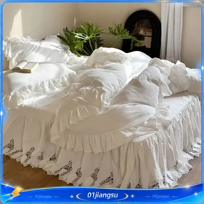 100 Cotton Double Layer Yarn Soft Skin Friendly Ruffles Bedding Set Duvet Cover French Hollow Bed Skirt Bedspread Pillowcases