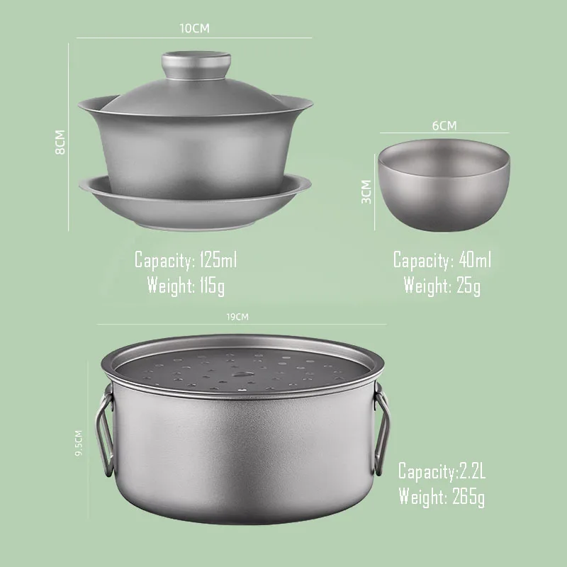 Pure Titanium Kungfu Tea Set For Travel Camping,Double Anti-hot Gaiwan Small Tea Cup,Large Capacity Tea Tray,Outdoor Infuser Set