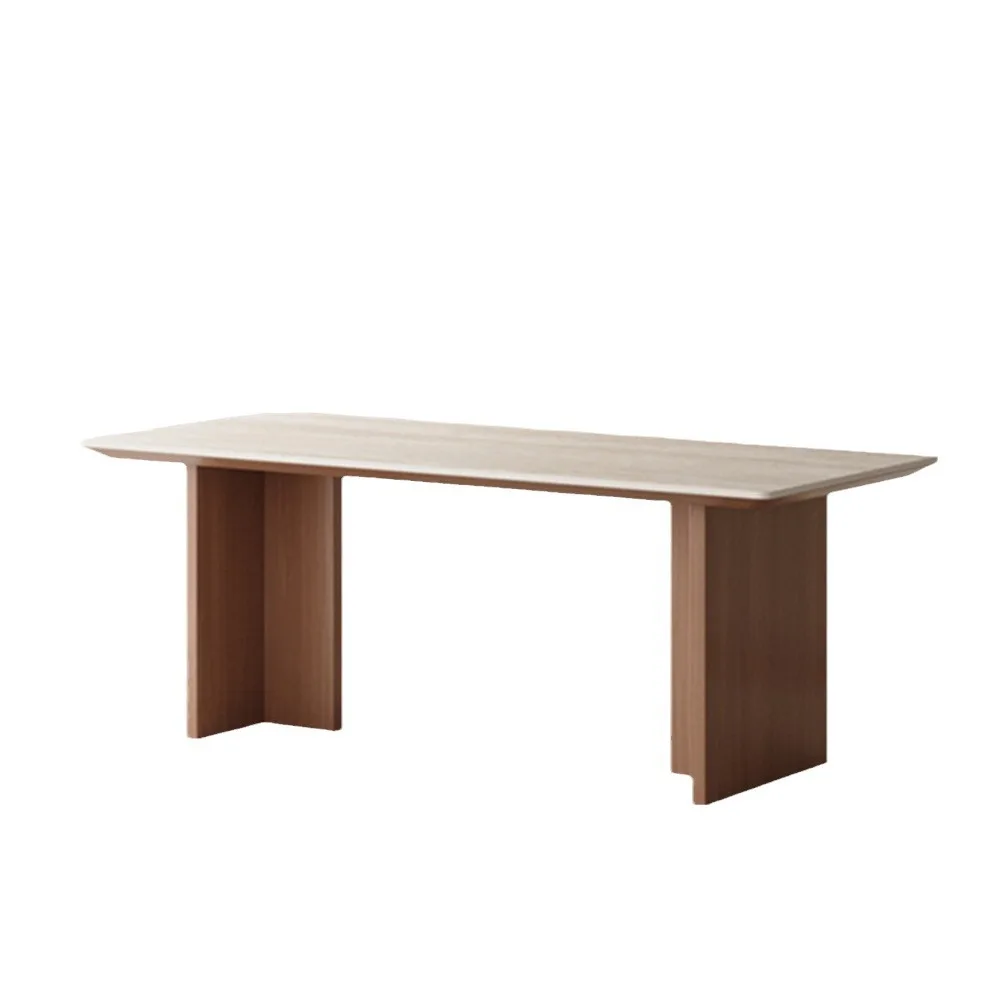 

Medieval travertine rock slab dining table for household use small apartment rectangular long retro solid wood