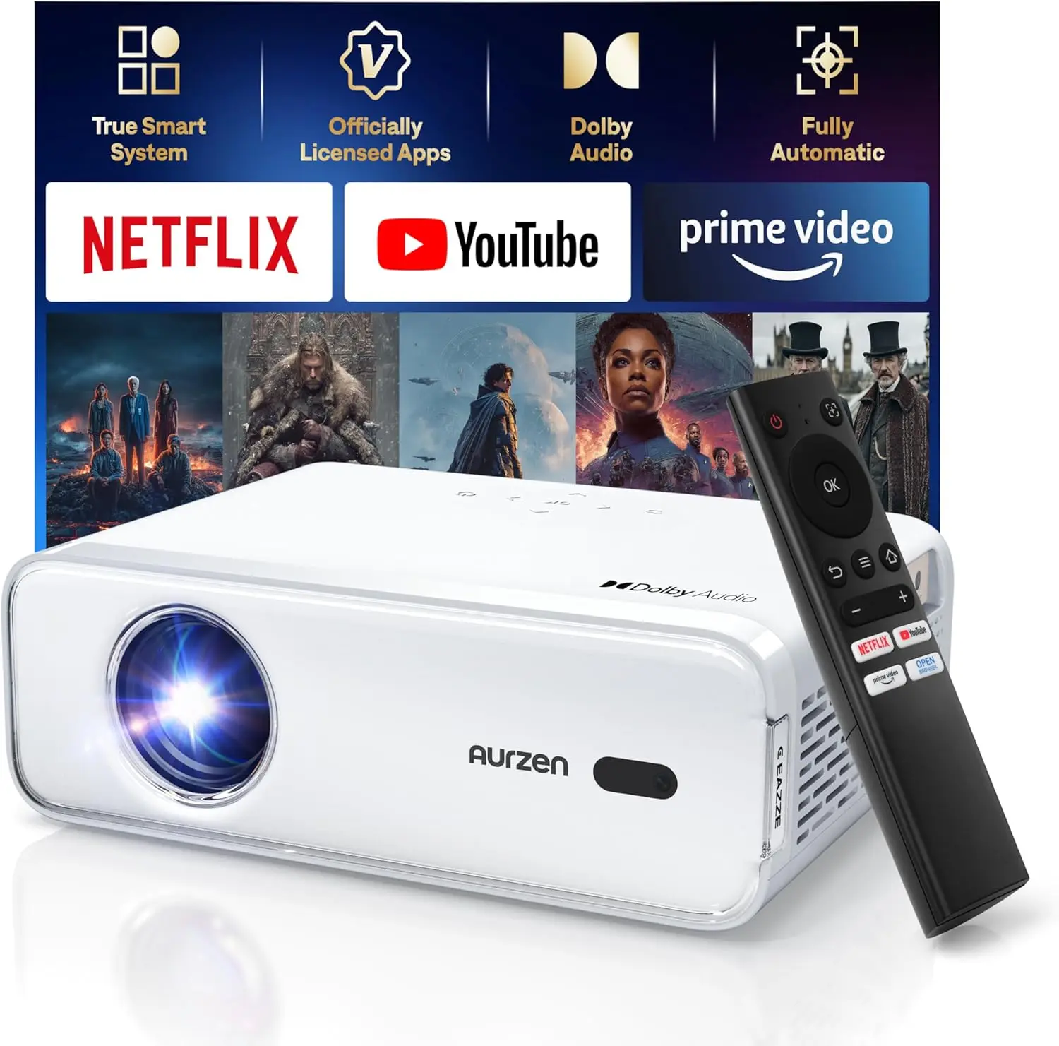 

Smart WiFi Bluetooth Projector with Auto Focus, Netflix Licensed, Dolby Audio, 1080P Native Resolution for Outdoor Movies