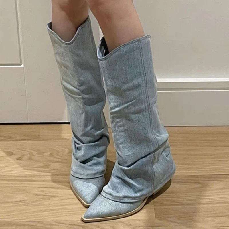 Fashion Pleats Women's High Boots Spring Autumn Pointed Toe Blue Denim Boots for  Women Square Heel Knee High Long Botas Woman