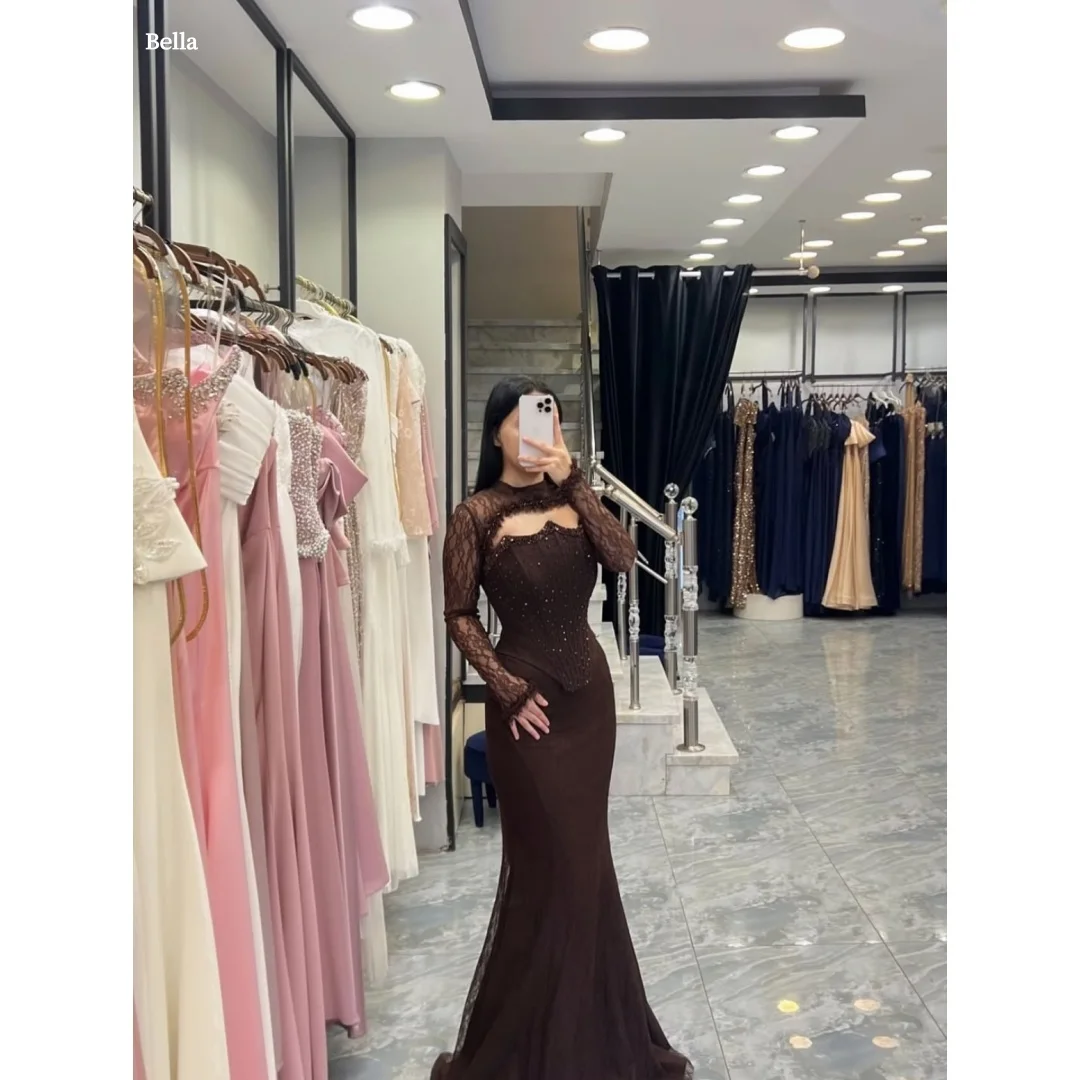 

Bella Customized Chocolate Brown Sweetheart Neck Prom Dress Lace Long Sleeve Sequin Mermaid robes de soirée Elegant Party Dress