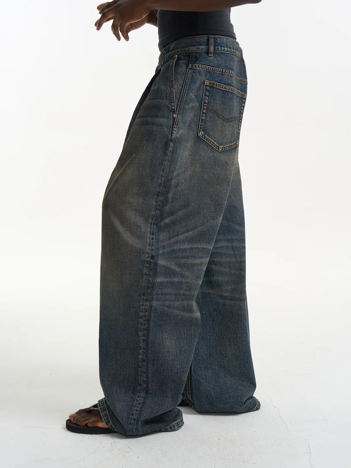 EXITMODE 26SS silhouette pinch-pleated retro washed loose casual wide-leg jeans