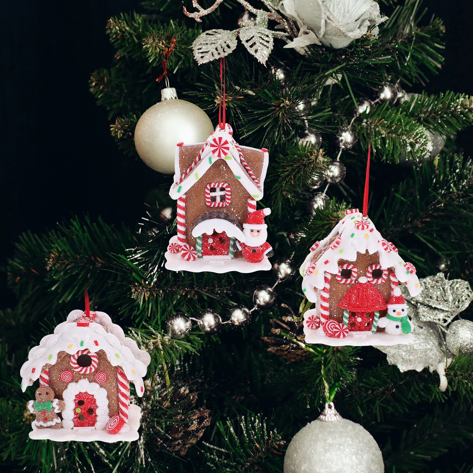 

3 Pcs Glowing Christmas House Resin Decorations Lighted Ornaments Mini Tree Xmas Hanging Pendant Luminous Cabin Festive Party