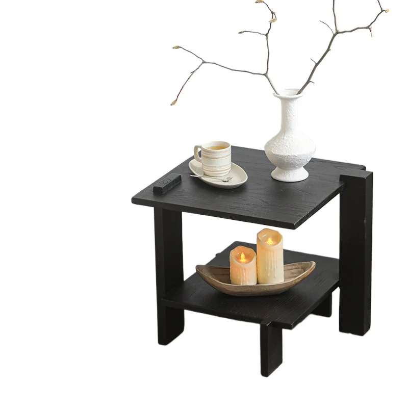 

Double-layer coffee table retro, solid wood corner few small apartment living room small table