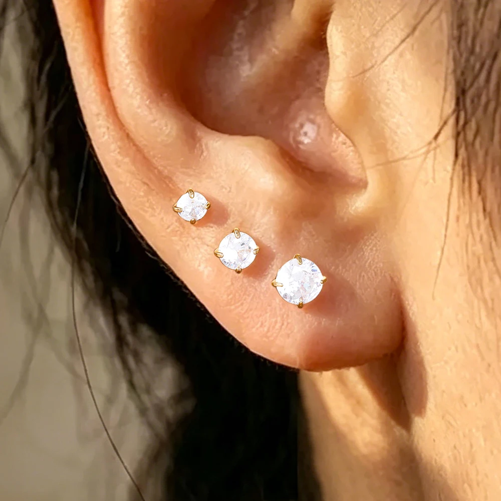 3PCS Light Luxury 3/4/5mm Stainless Steel Round Zircon Stud Earrings Set For Women Trendy Spiral Ear Stud Daily Wear Jewelry