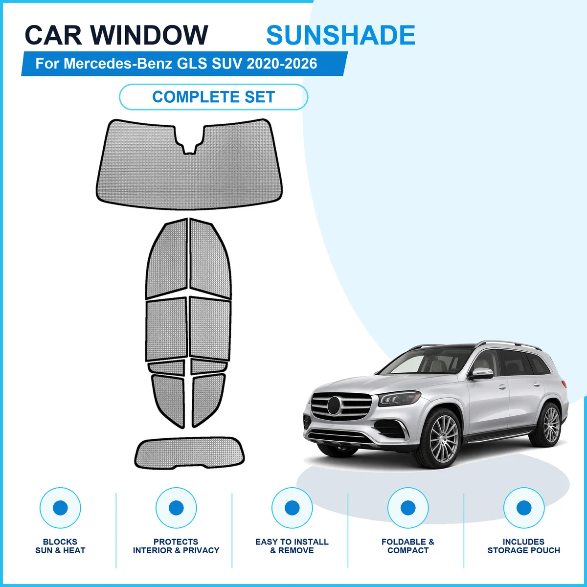 For Mercedes-Benz GLS SUV 2020-2026 Custom Full Set Window Sunshades Aluminum Foil Suction Cup Anti UV Privacy