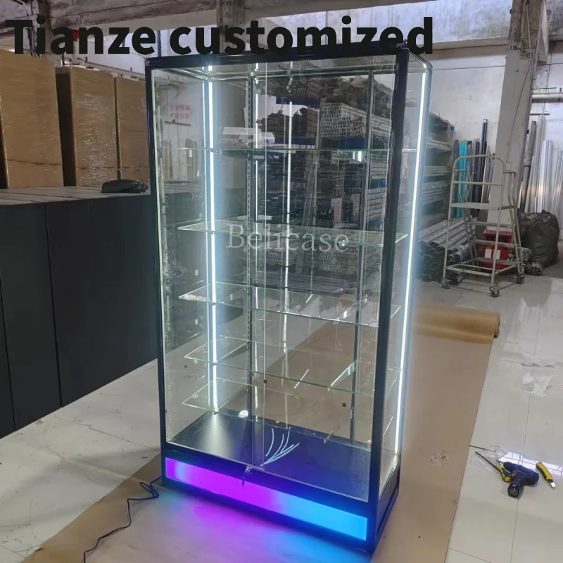 

Customized-Smoke Shop Decor Aluminum Frame Showcases with Running Light Glass Display Cabinet Wall Display Smoke Shops