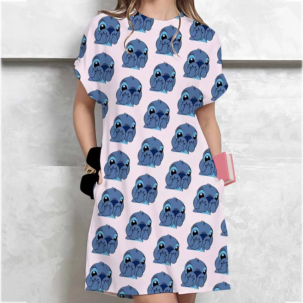 トレンドレディースラウンドネック膝上丈ドレスカジュアルディズニーステッチプリントミニドレス夏半袖クールロングTシャツ