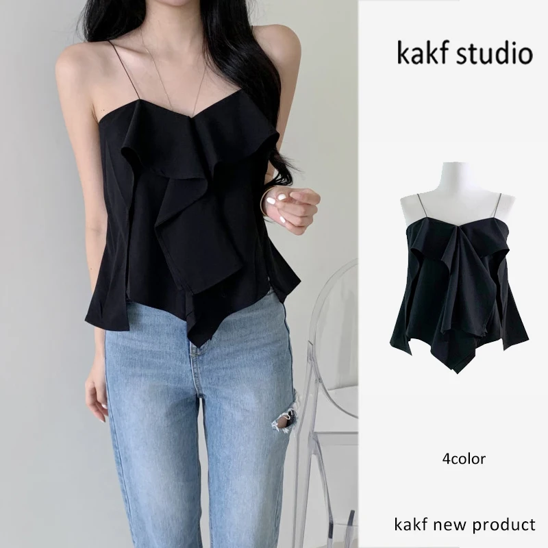 Coreano Sle Chic verano Sexy puro deseo diseño asimétrico dulce encaje ribete V-Ne Correa Top mujer viaje viento