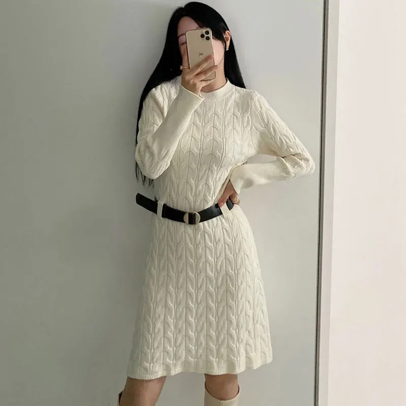 

Korean Style Autumn and Winter Temperament Medium Length Lace-up Design Slimming Elegant Long-sleeved Sweater Dress Women LU523