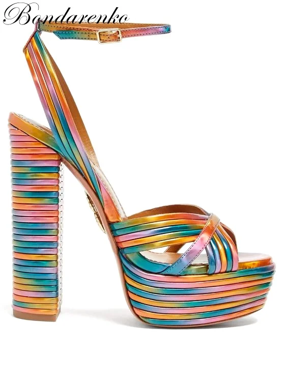 Women Metallic Chunky Heel Sandals Rainbow Shoes High Heels Peep Toe Ankle Strap Platform Sandals Zapatos Mujer Multi Color