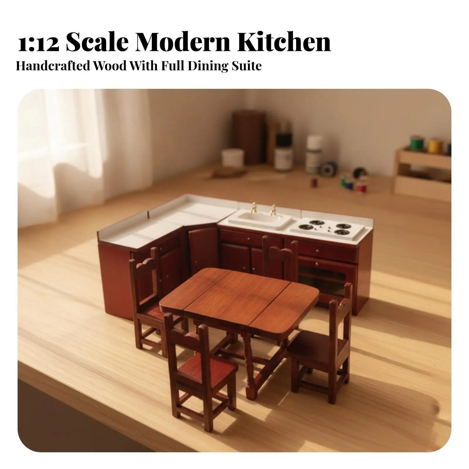 Dollhouse Miniature Kitchen Playset Wooden Furniture with Sink Oven Cabinet Dining Table for 1 12 Scale