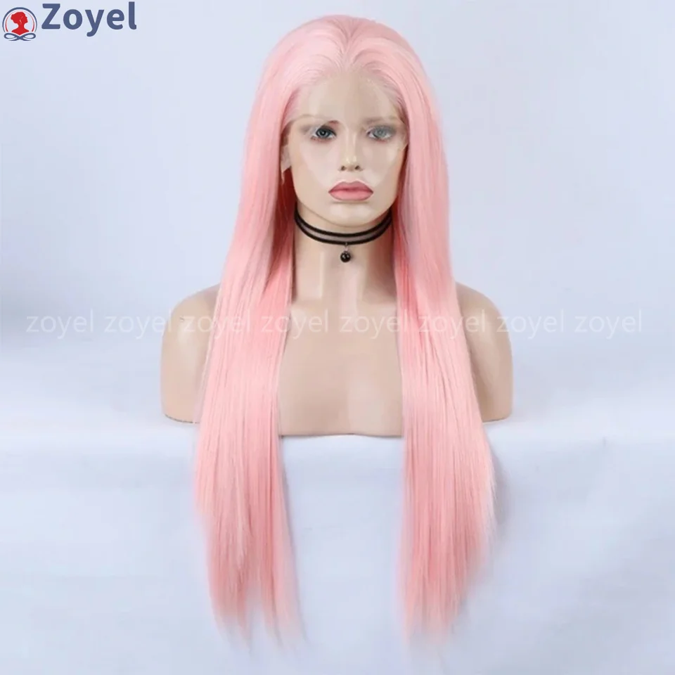 Light Pink Long Straight Synthetic Lace Wig Frontal Pastel Pink Wig Silk Straight Lace Heat Resistant Fiber Hair for Women Party
