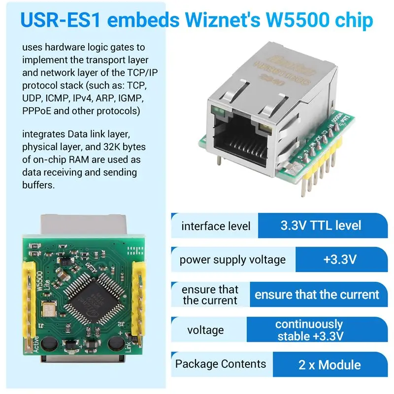 AB25-2PCS/LOT USR-ES1 W5500 Chip New SPI To LAN/ Ethernet Converter TCP/IP Mod Module