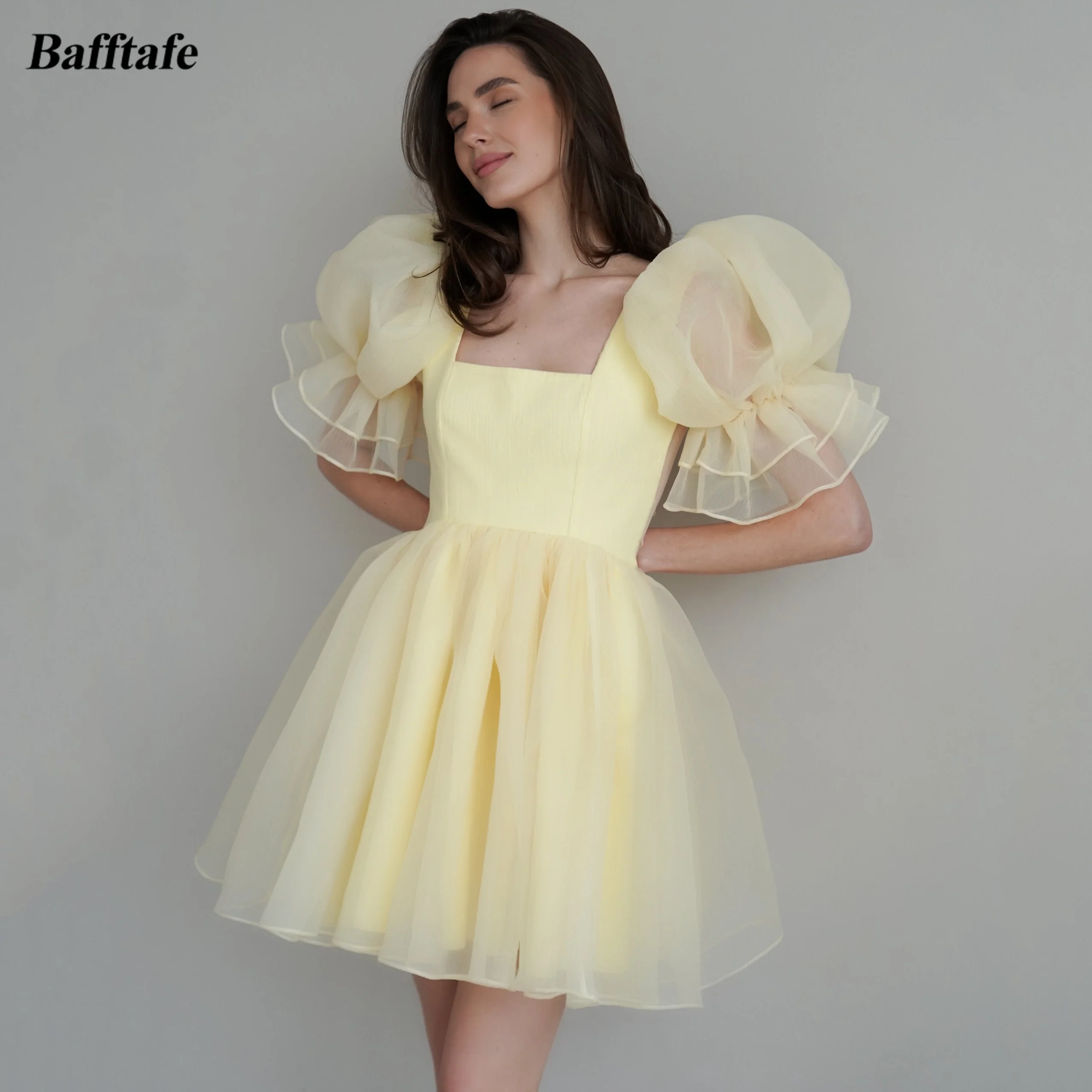 

Bafftafe Custom Made Yellow Short Prom Dresses A Line Puff Sleeves Above Knee Organza Formal Party Gowns Women Homecoming Dress