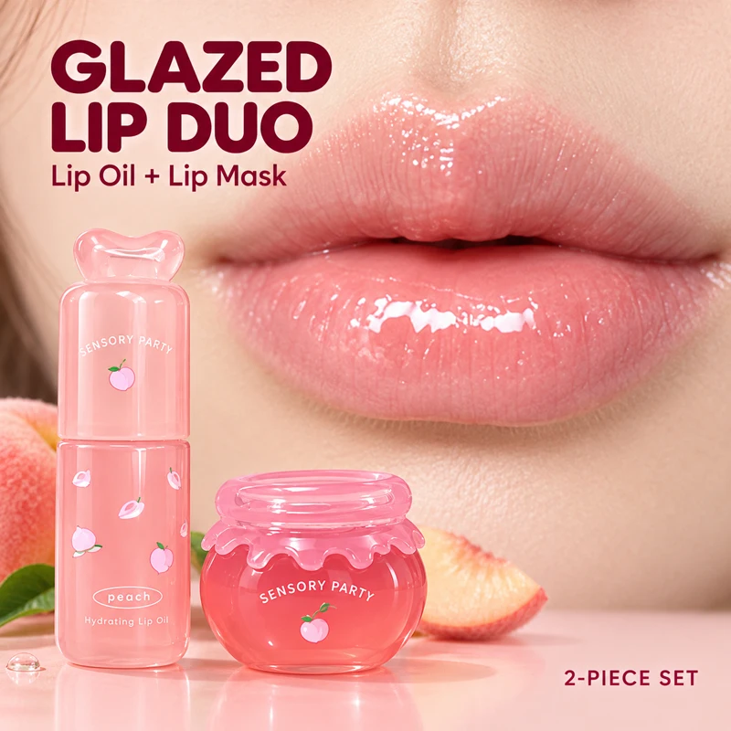 SENSORY PARTY 2Pcs Lip Gloss Set Hydrating Lip Oil + Jelly Lip Mask Fruity Moisturizing Glossy Plumping Lip Care Gift Glass Lips