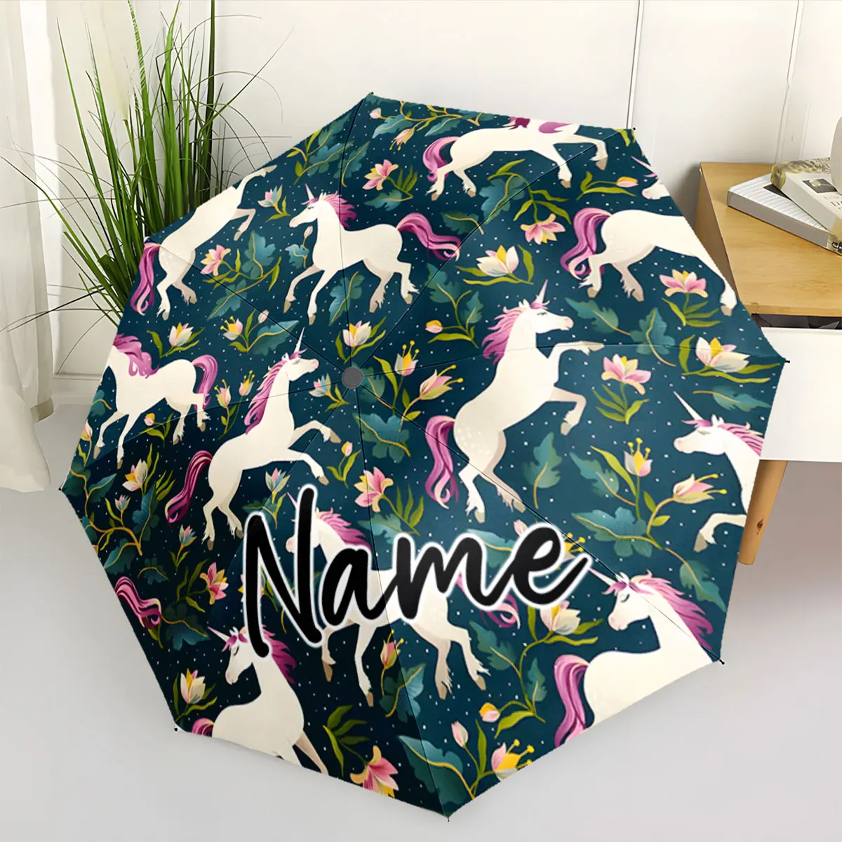 Custom Name Whimsical Unicorn Patterned Umbrella with Custom Name Print 8 Iron Ribs Folding Umbrella Auto-Open Fashion Sunshade