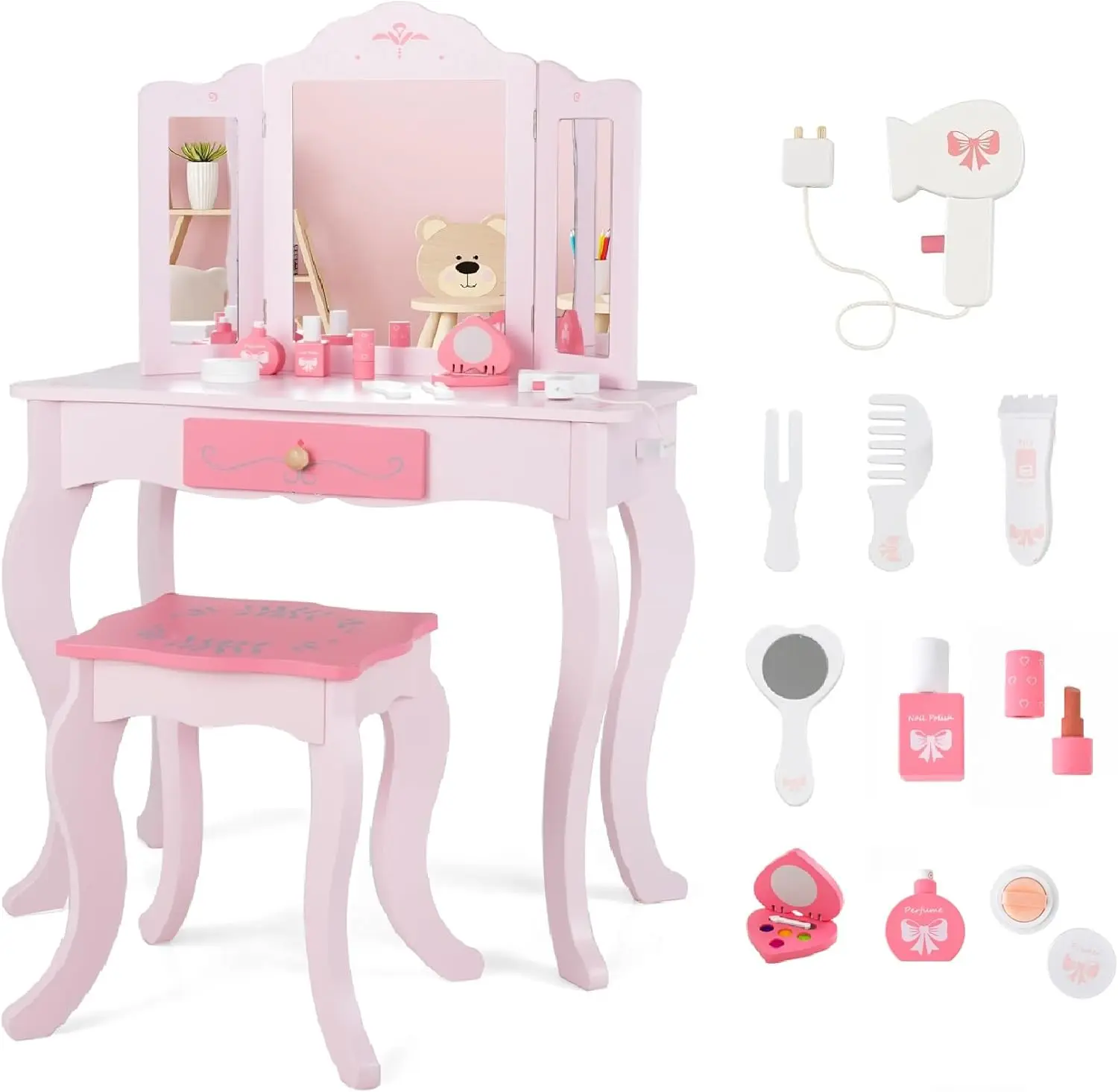 Infans Kids Vanity, 2 In 1 Princess Makeup Table And Chair Set With Tri-Folding Detachable Mirror 10 Accessories Wooden