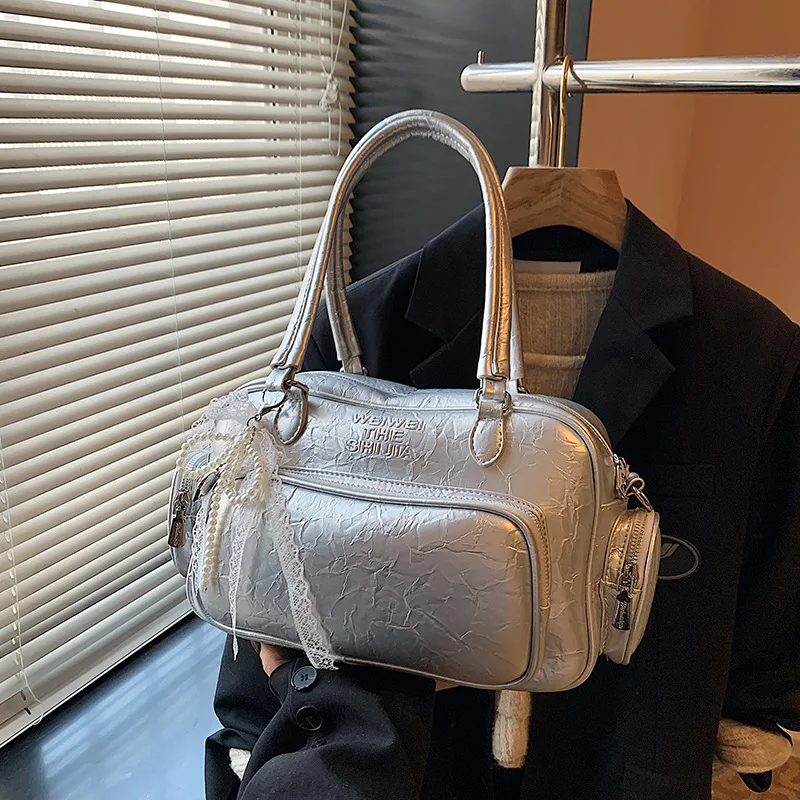 High Quality Soft PU Tote Bag New Retro Solid Color Bowling Bag Casual Versatile Pillow Shoulder Crossbody Bag Women Handbag