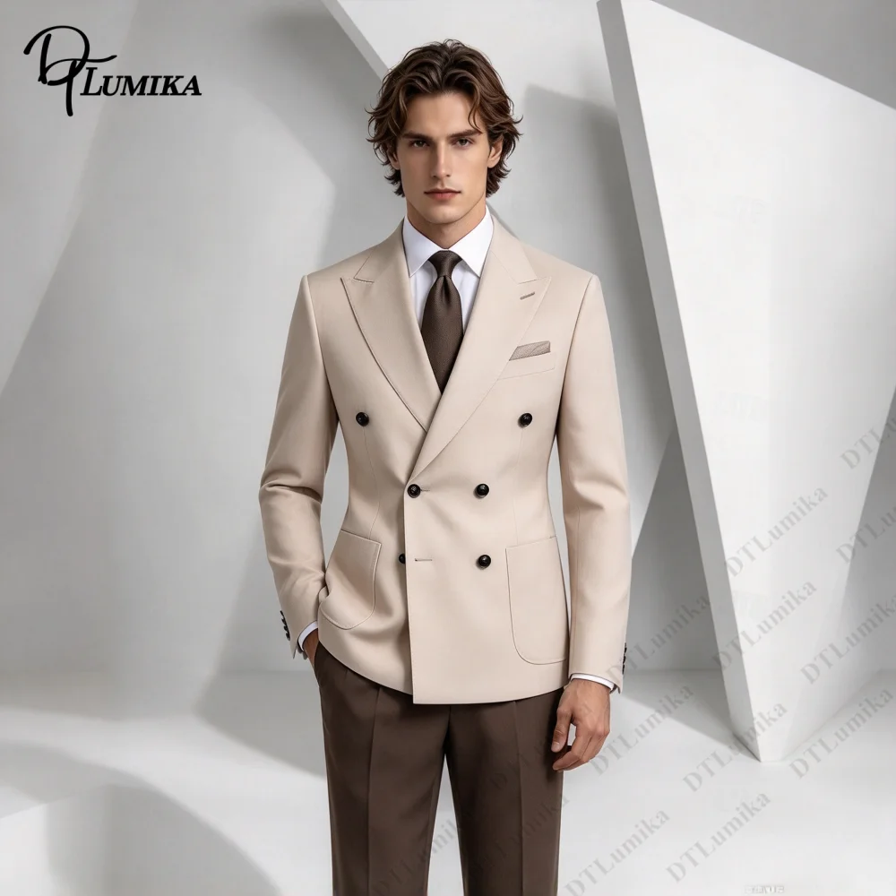 Custom Beige Double Breasted Men Suit, Peak Lapel Blazer & Dark Trousers, Bespoke Business Formal Outfit, Wedding Guest Attire