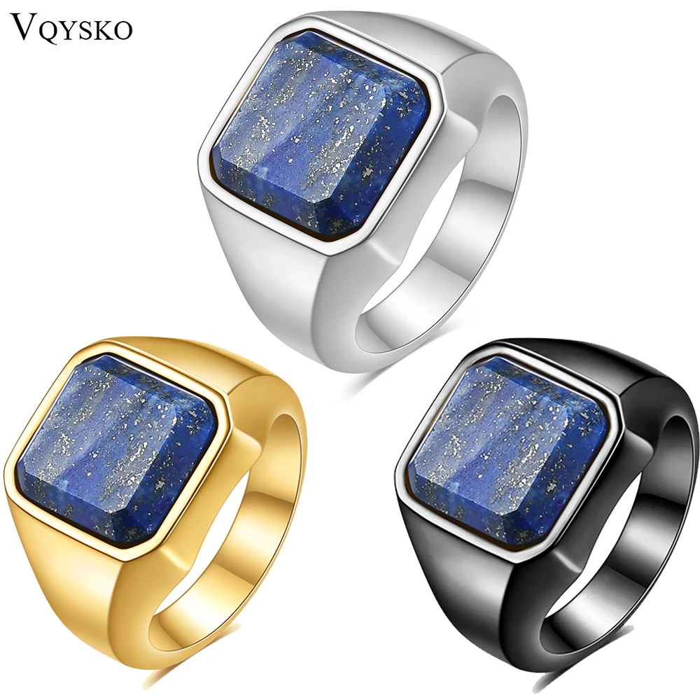 VQYSKO Blue Stone Ring Square Shape Signet Ring Statement Cute Wedding Jewelry For Men Gifts For him