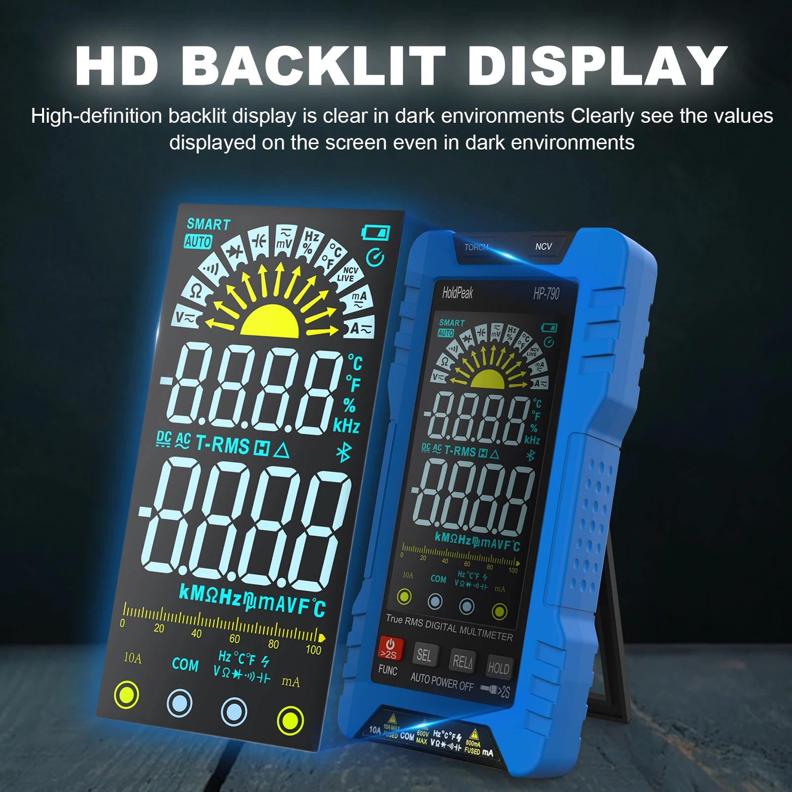 Digital True RMS Multimeter 6000Cnt Auto Range NCV AC DC Volt Current Res Cap Temp Freq Electrician Tester HoldPeak HP-790A