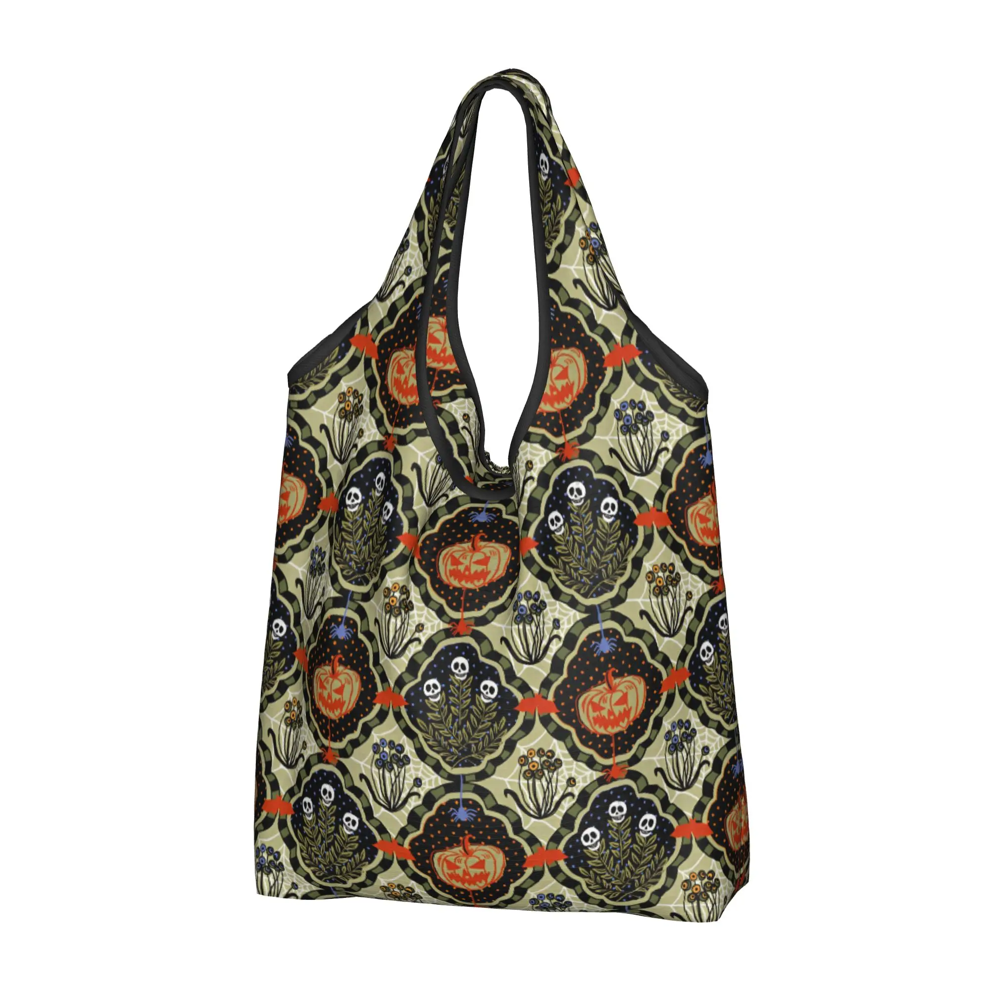 Fashion Pumpkin Cottage Halloween  Shopping Tote Bag Portable Orange Black Scary Flowers Groceries Shoulder Shopper Bag