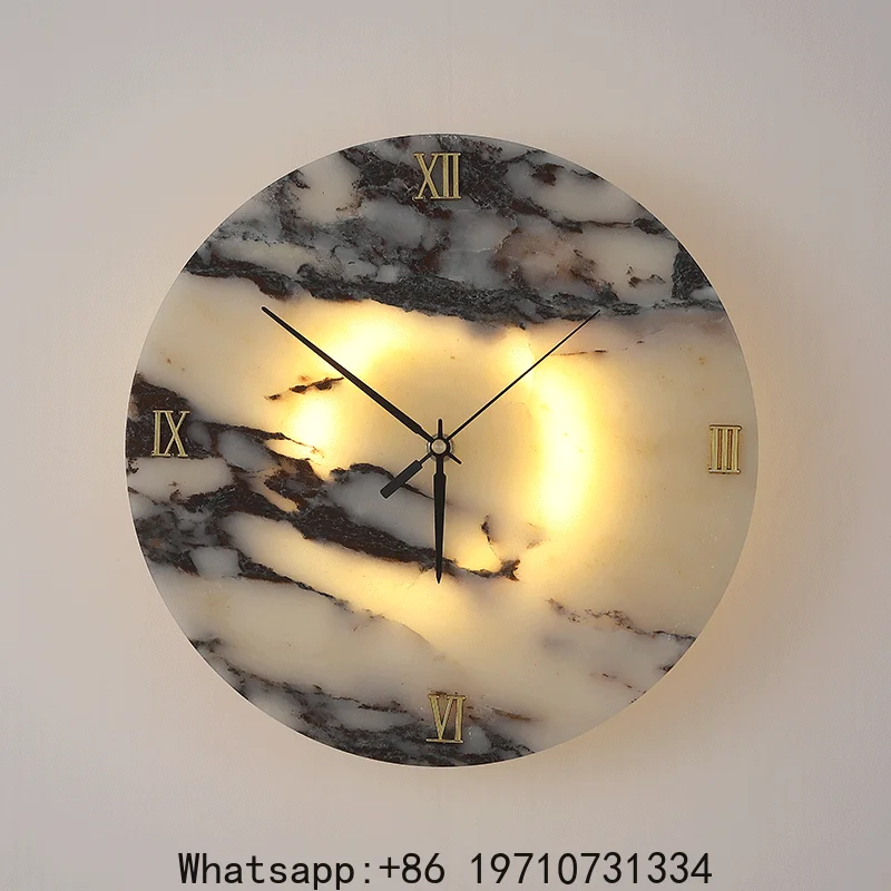 

Round Luxury Clock Function Natural Stone Wall Lamp Living Room Marble Atmosphere LED High-end LED Light