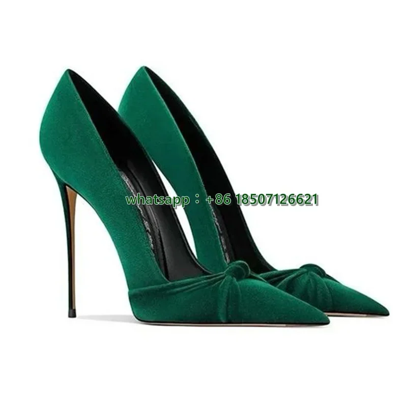

Green Suede Bowknot Pumps Solid Color Stiletto Pointed High Heels Women's Shoes