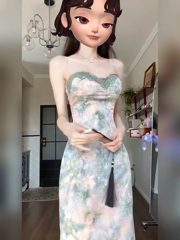 Retro Bloemenprint Strapl Lange Dr Dames Zomer 2025, Nieuwe Hoge Taille Afslankjurk Koreaanse Sle A-lijn Midi Dr